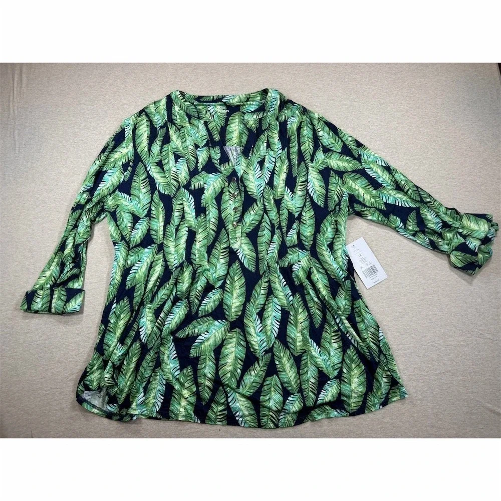 NWT Kim Rogers Tunic Blouse Womens Plus 1X Green Tropical Leaf 3/4 Sleeve - Picture 1 of 10